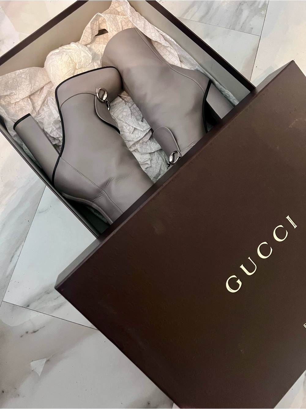 Gucci Grey Leather Mid-Heel Ankle Boots with Signature Bit